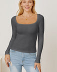 Gray Square Neck Long Sleeve T-Shirt