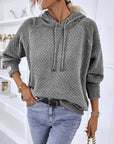 Gray Texture Drawstring Long Sleeve Hooded Sweater