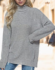 Gray Turtleneck Drop Shoulder Long Sleeve Sweater