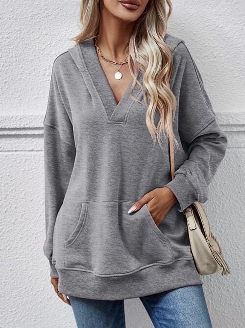 Dark Gray V-Neck Drop Shoulder Long Sleeve Hoodie