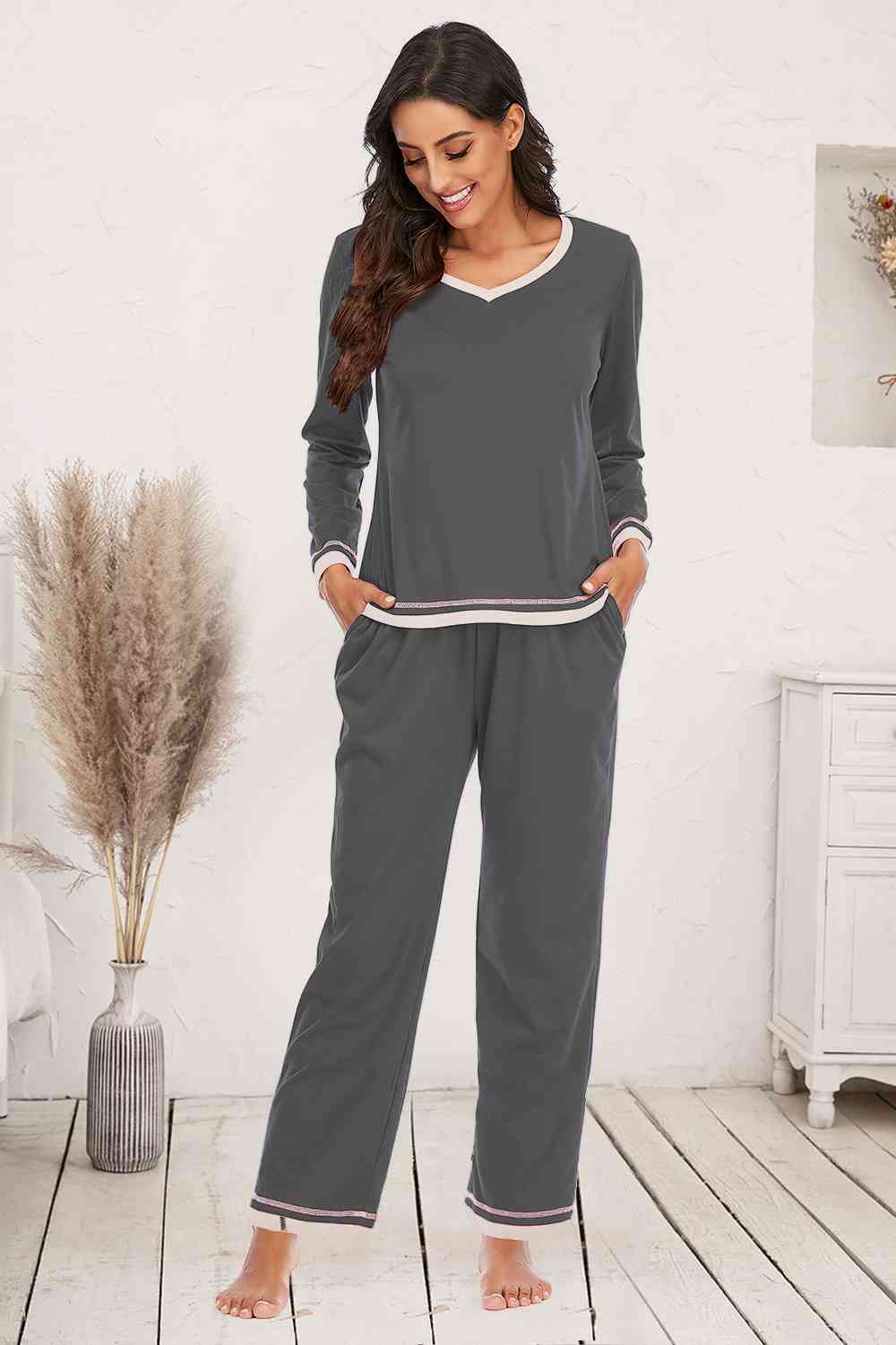 Light Gray V-Neck Top and Pants Lounge Set