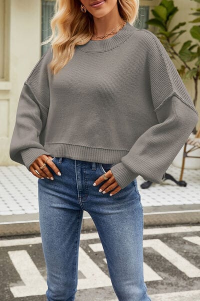 Dim Gray Round Neck Dropped Shoulder Sweater