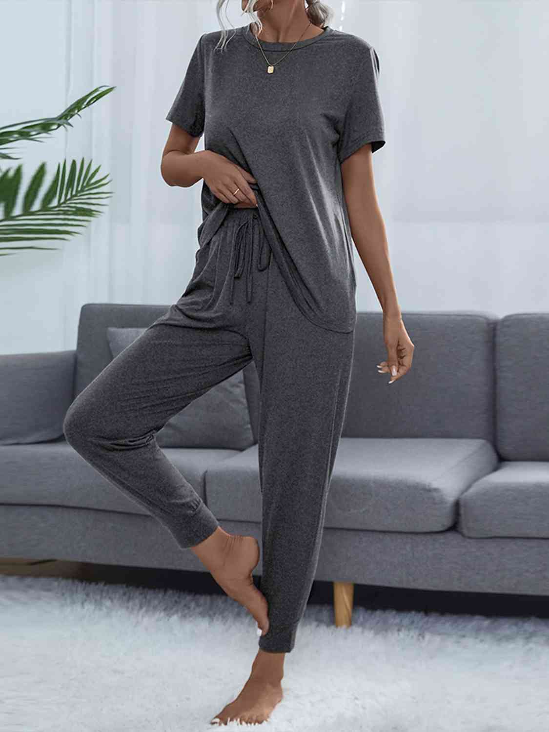 Dark Slate Gray Round Neck Short Sleeve Top and Pants Set