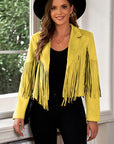 Dark Khaki Fringe Trim Lapel Collar Cropped Blazer