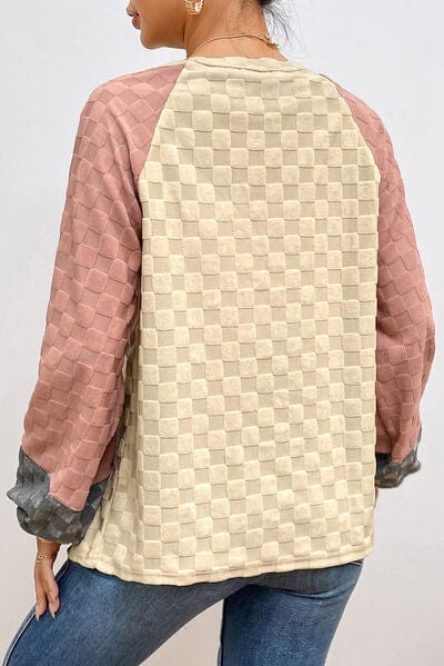 Wheat Checkered Contrast Round Neck Long Sleeve T-Shirt