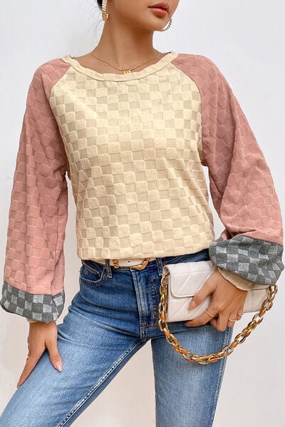 Light Gray Checkered Contrast Round Neck Long Sleeve T-Shirt