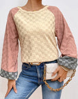 Light Gray Checkered Contrast Round Neck Long Sleeve T-Shirt