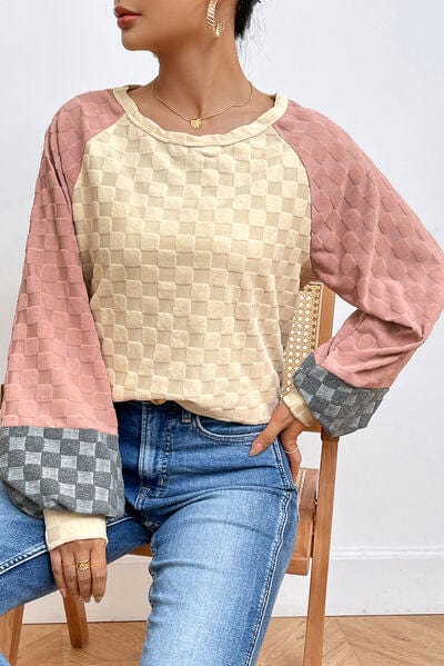 Light Gray Checkered Contrast Round Neck Long Sleeve T-Shirt