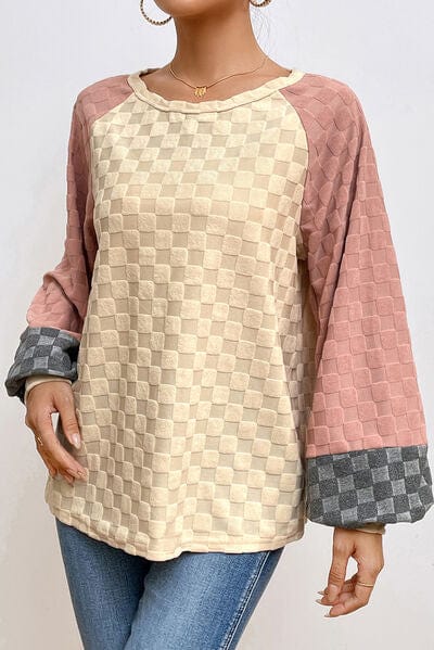 Light Gray Checkered Contrast Round Neck Long Sleeve T-Shirt