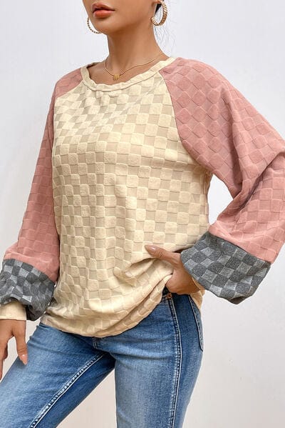 Light Gray Checkered Contrast Round Neck Long Sleeve T-Shirt