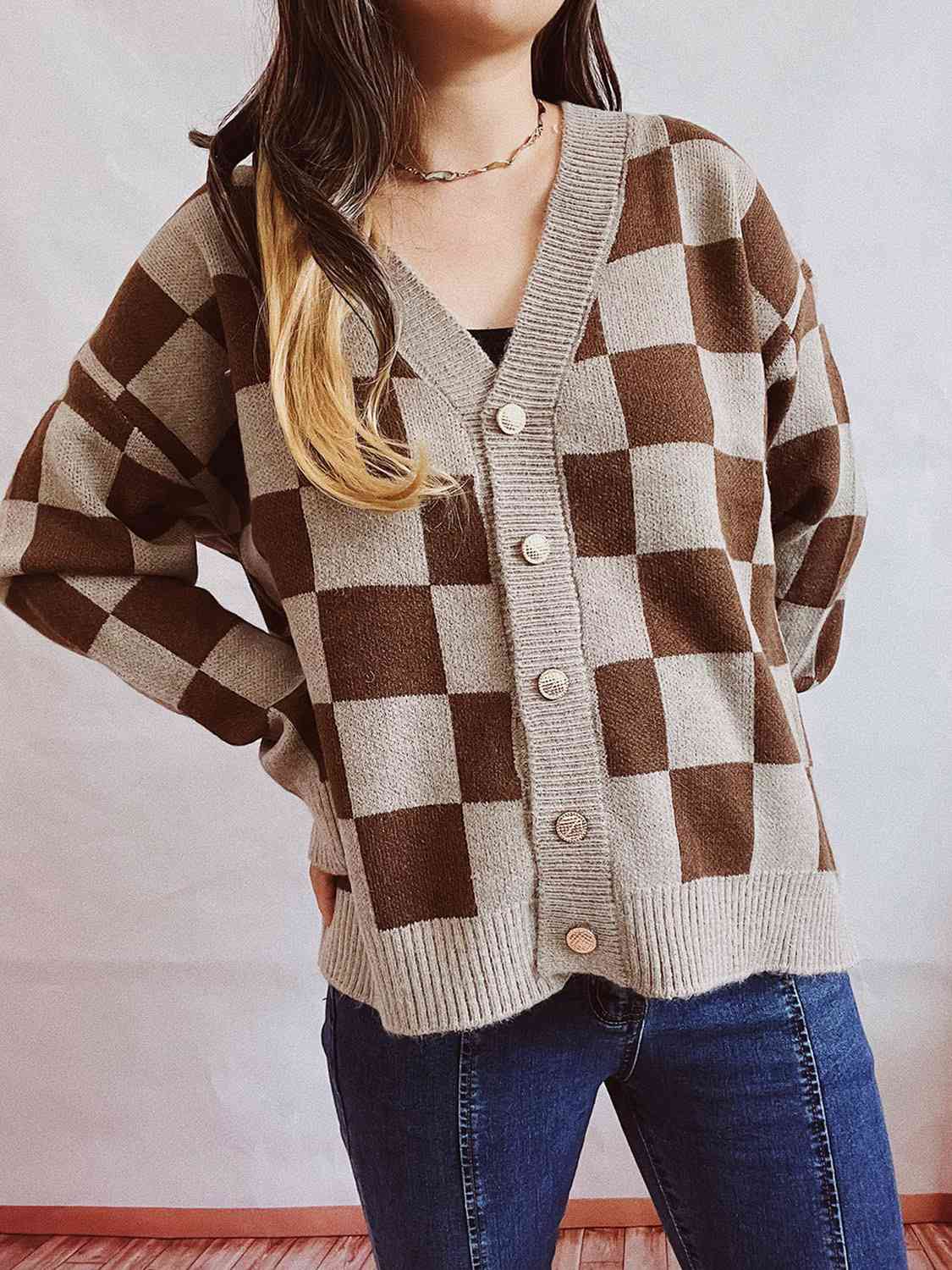 Gray Checkered Open Front Button Up Cardigan