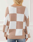 Light Gray Checkered Round Neck Drop Shoulder Long Sleeve Sweater