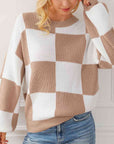 Light Gray Checkered Round Neck Drop Shoulder Long Sleeve Sweater