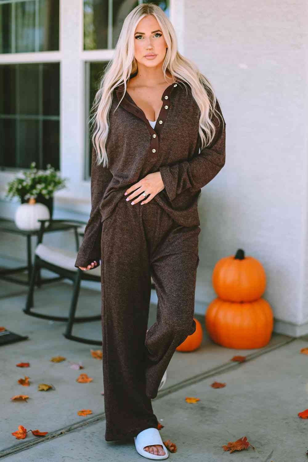 Dark Olive Green Buttoned Long Sleeve Top and Long Pants Lounge Set