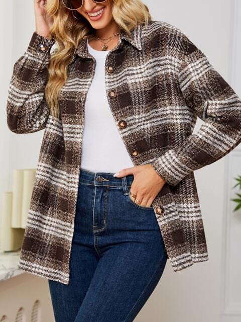 Gray Plaid Collared Shirt Jacket