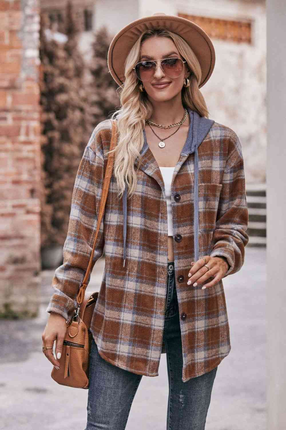 Rosy Brown Plaid Dropped Shoulder Hooded Longline Jacket