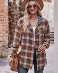 Rosy Brown Plaid Dropped Shoulder Hooded Longline Jacket