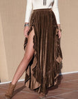 Tan Ruffle Trim Wide Leg Slit Pants