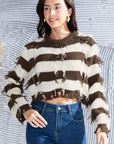 Gray Striped Fringe Round Neck Sweater