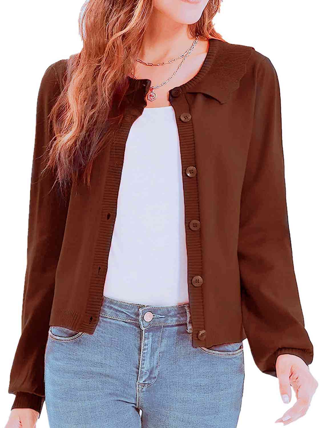 Saddle Brown Collared Long Sleeve Button Down Cardigan