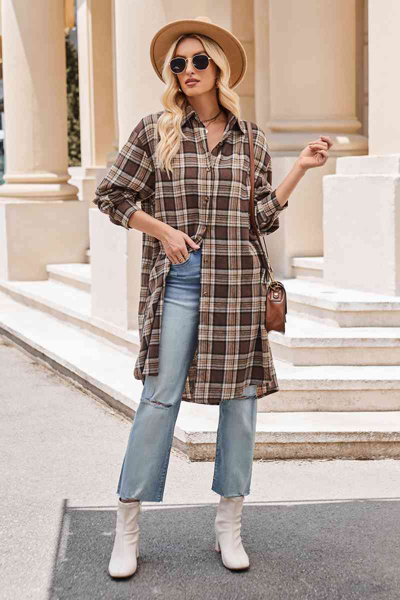 Gray Plaid Collared Neck Long Sleeve Coat