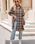 Gray Plaid Collared Neck Long Sleeve Coat