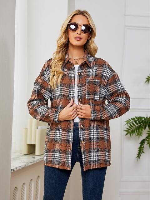 Gray Plaid Collared Shirt Jacket