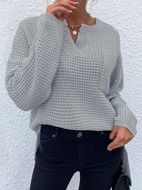 Gray Notched Long Sleeve Sweater