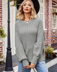 Dark Gray Ribbed Drop Shoulder Lantern Sleeve Sweater