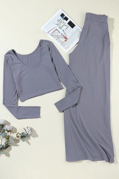 Light Gray Ribbed Round Neck Top and Wide-Leg Pants Set