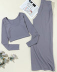 Light Gray Ribbed Round Neck Top and Wide-Leg Pants Set