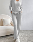 Gray Ribbed V-Neck Top and Pants Lounge Set