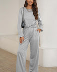 Gray Round Neck Long Sleeve Top and Pants Set