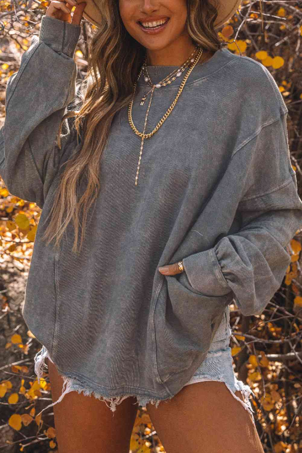 Dim Gray Twisted Plunge Neck Dropped Shoulder Sweatshirt