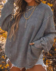 Dim Gray Twisted Plunge Neck Dropped Shoulder Sweatshirt