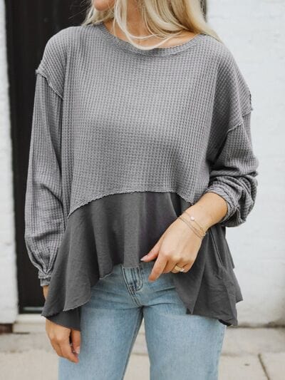 Dark Gray Waffle-Knit Round Neck Dropped Shoulder T-Shirt