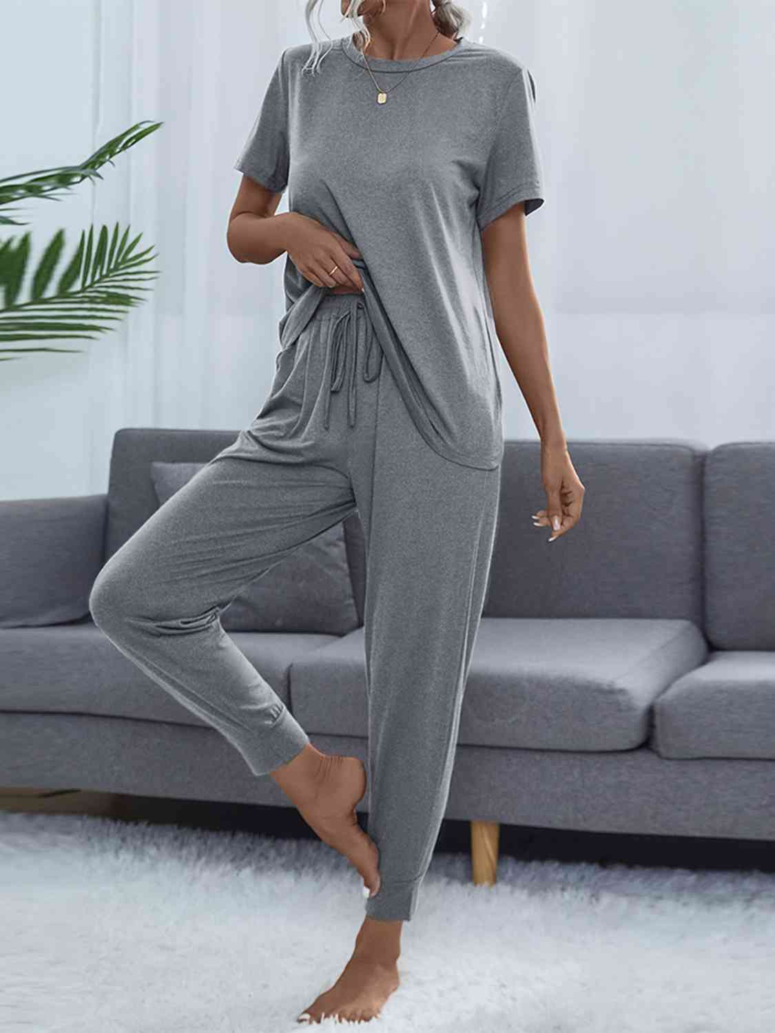 Slate Gray Round Neck Short Sleeve Top and Pants Set