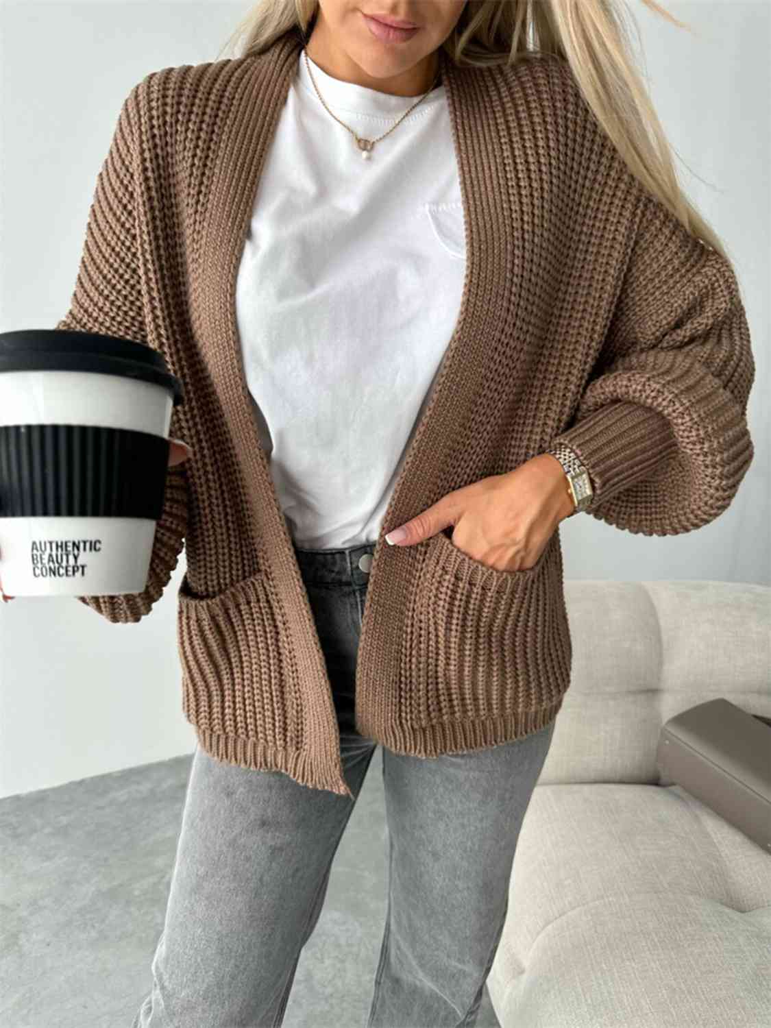 Gray Open Front Dropped Shoulder Cardigan