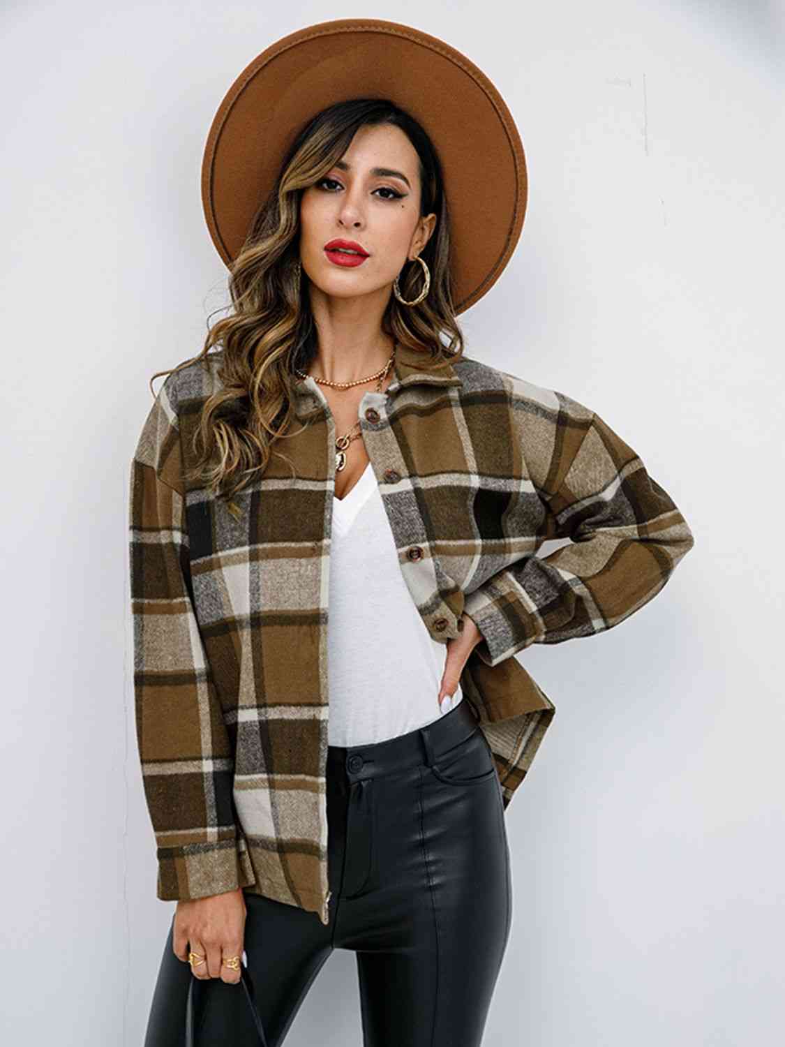 Dark Slate Gray Plaid Button Up Collared Neck Jacket