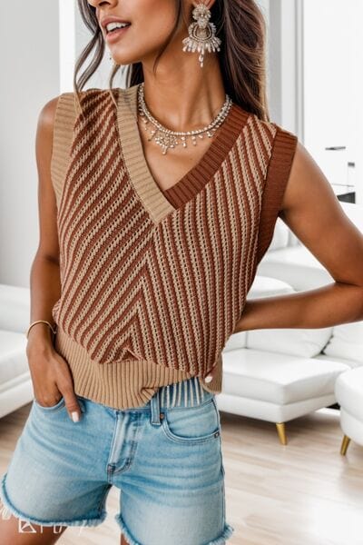 Gray Striped V-Neck Sweater Vest