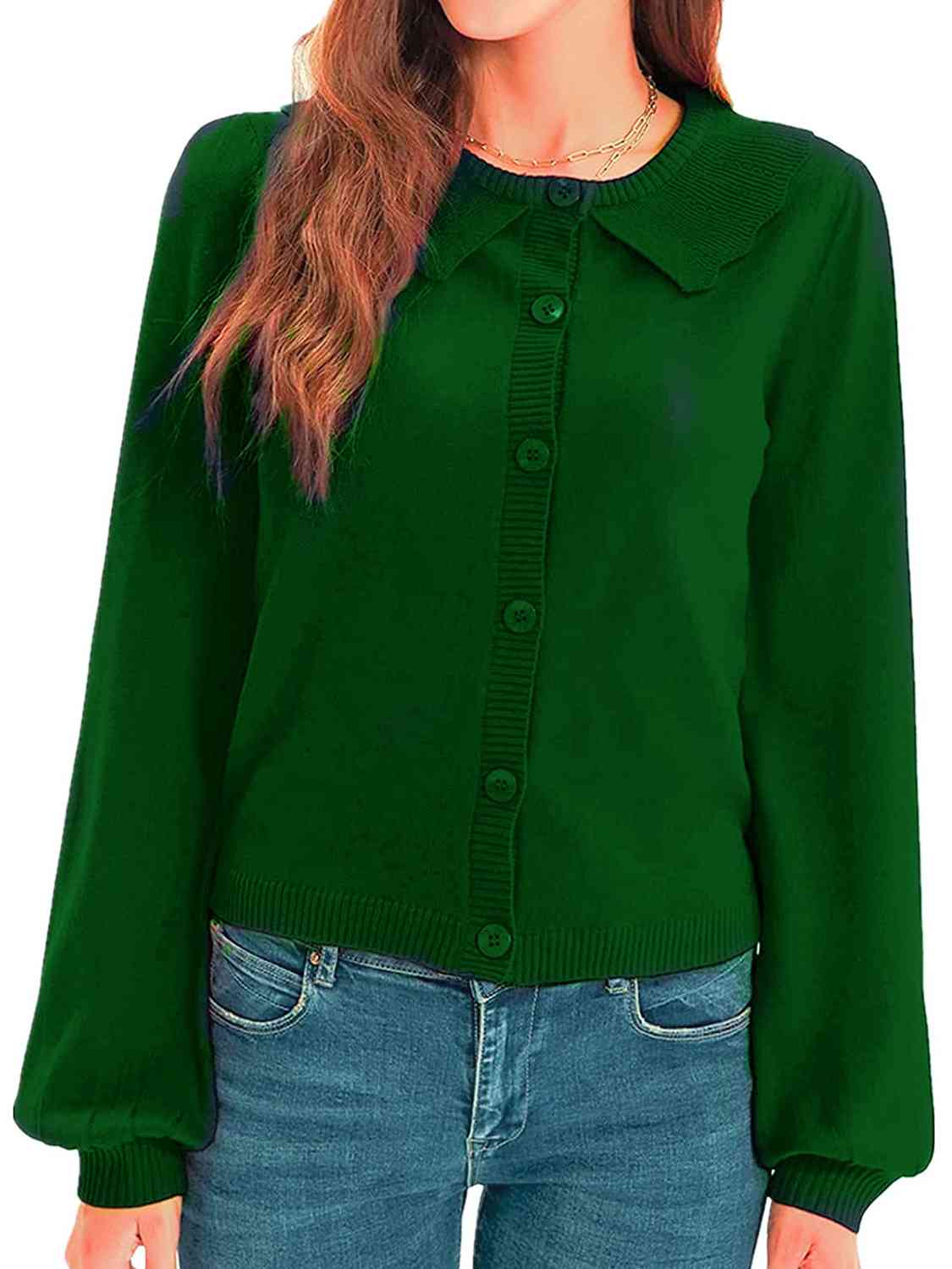 Dark Green Collared Long Sleeve Button Down Cardigan