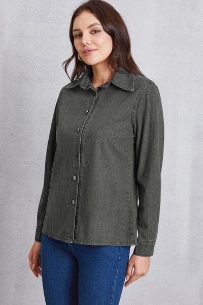 Gray Collared Neck Button Up Denim Top