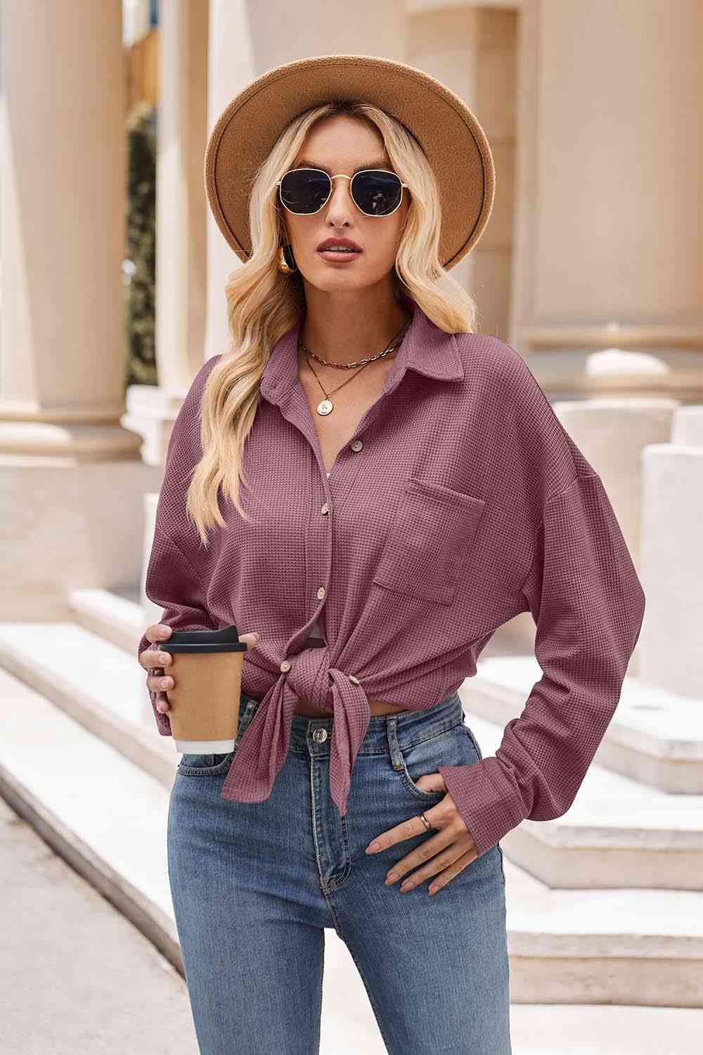 Gray Collared Neck Dropped Shoulder Shirt