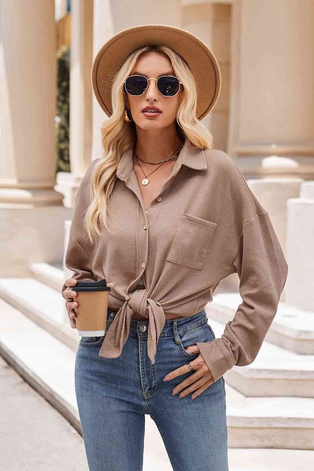 Rosy Brown Collared Neck Dropped Shoulder Shirt