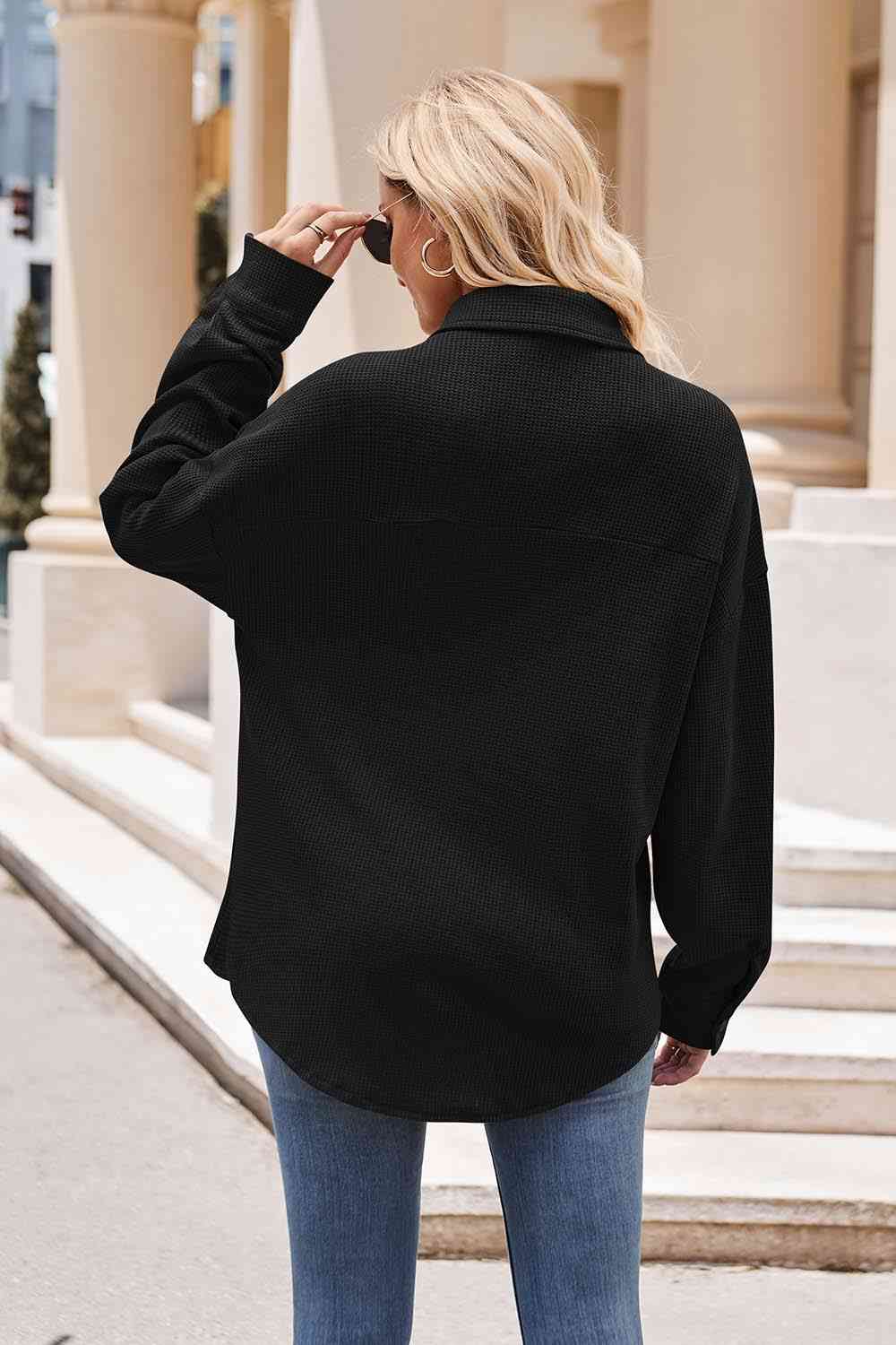 Black Collared Neck Dropped Shoulder Shirt