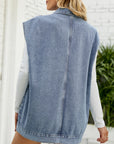 Light Slate Gray Collared Neck Sleeveless Denim Top with Pockets