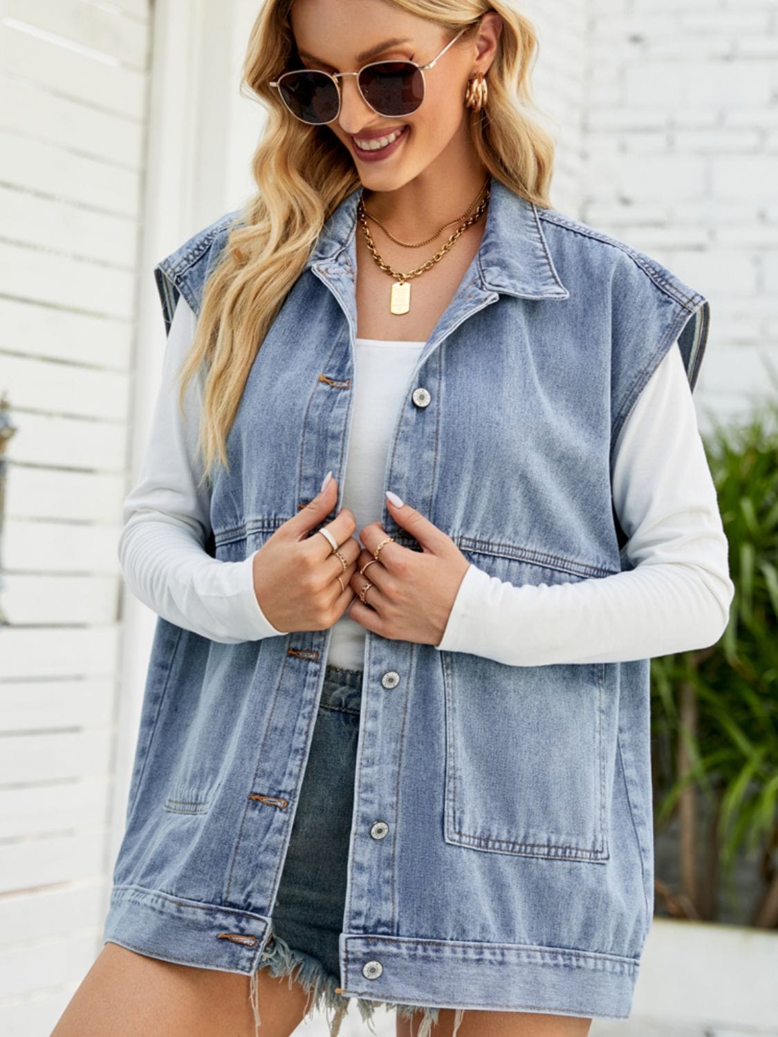 Light Gray Collared Neck Sleeveless Denim Top with Pockets