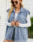 Light Gray Collared Neck Sleeveless Denim Top with Pockets