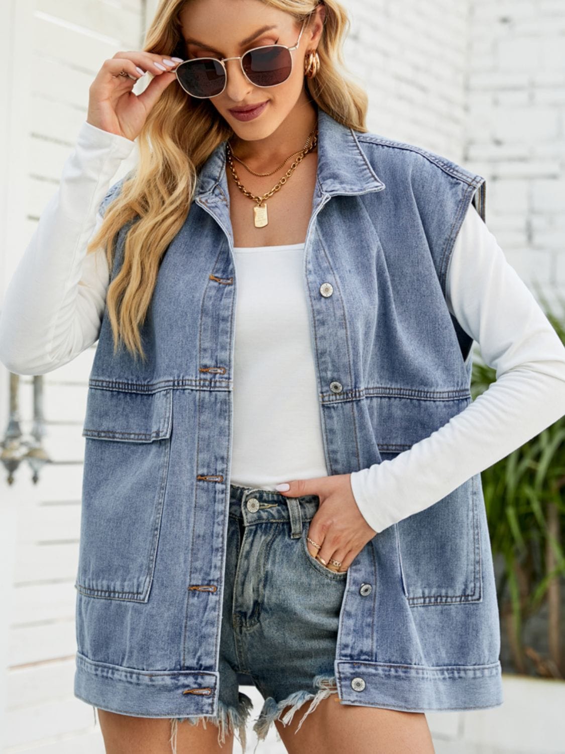 Light Gray Collared Neck Sleeveless Denim Top with Pockets