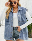 Light Gray Collared Neck Sleeveless Denim Top with Pockets